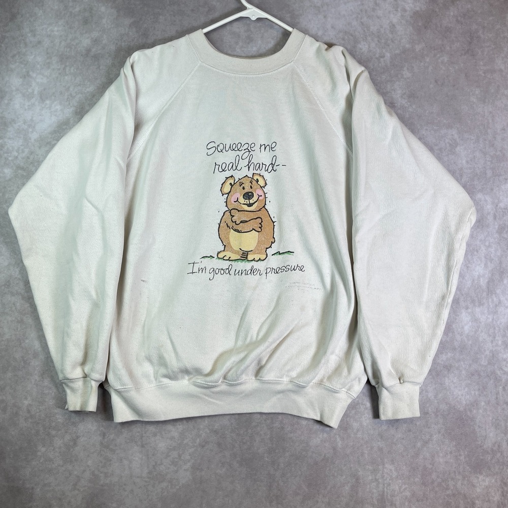 VINTAGE Teddy Bear Sweatshirt Adult Small White Raglan Funny Pullover USA 80s